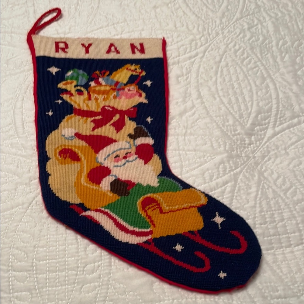 Handmade Counted Cross-stitch Christmas Stocking with Name RYAN